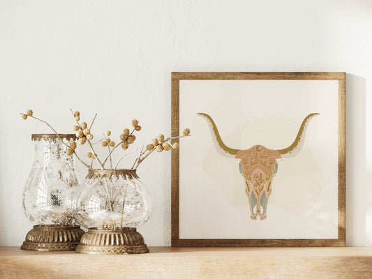Outlaw Print: Steer Skull - Pink